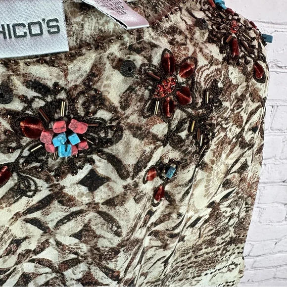 Chico's silk peasant blouse 3/4 sleeve embellished neckline sz 2 (large 12) - Picture 6 of 8